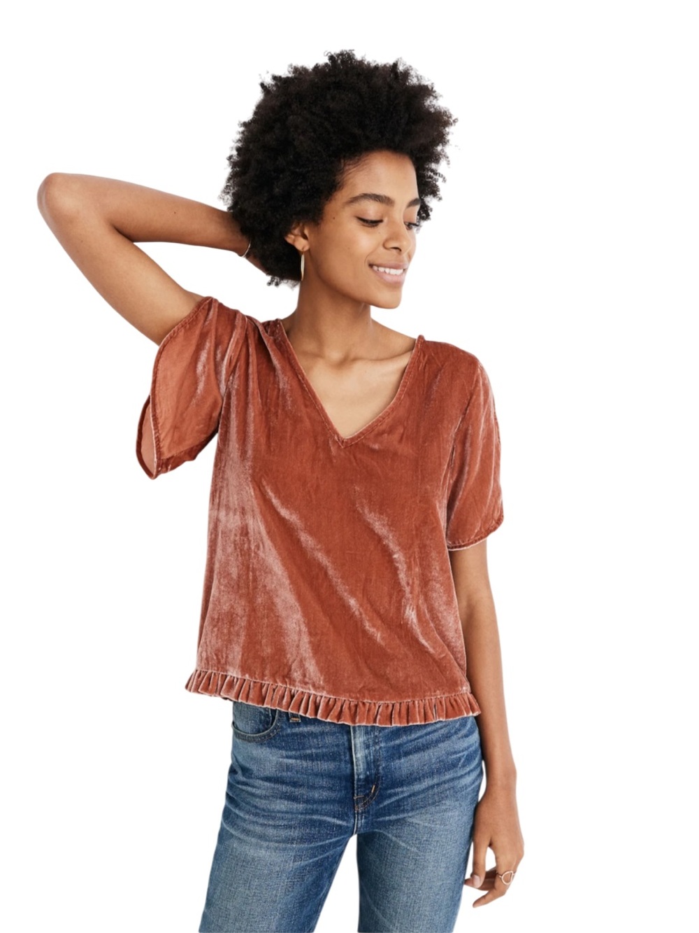 Madewell Velvet Tulip-Sleeve Ruffle Top Rust Velvet V-Neck Ruffle-Hem Top